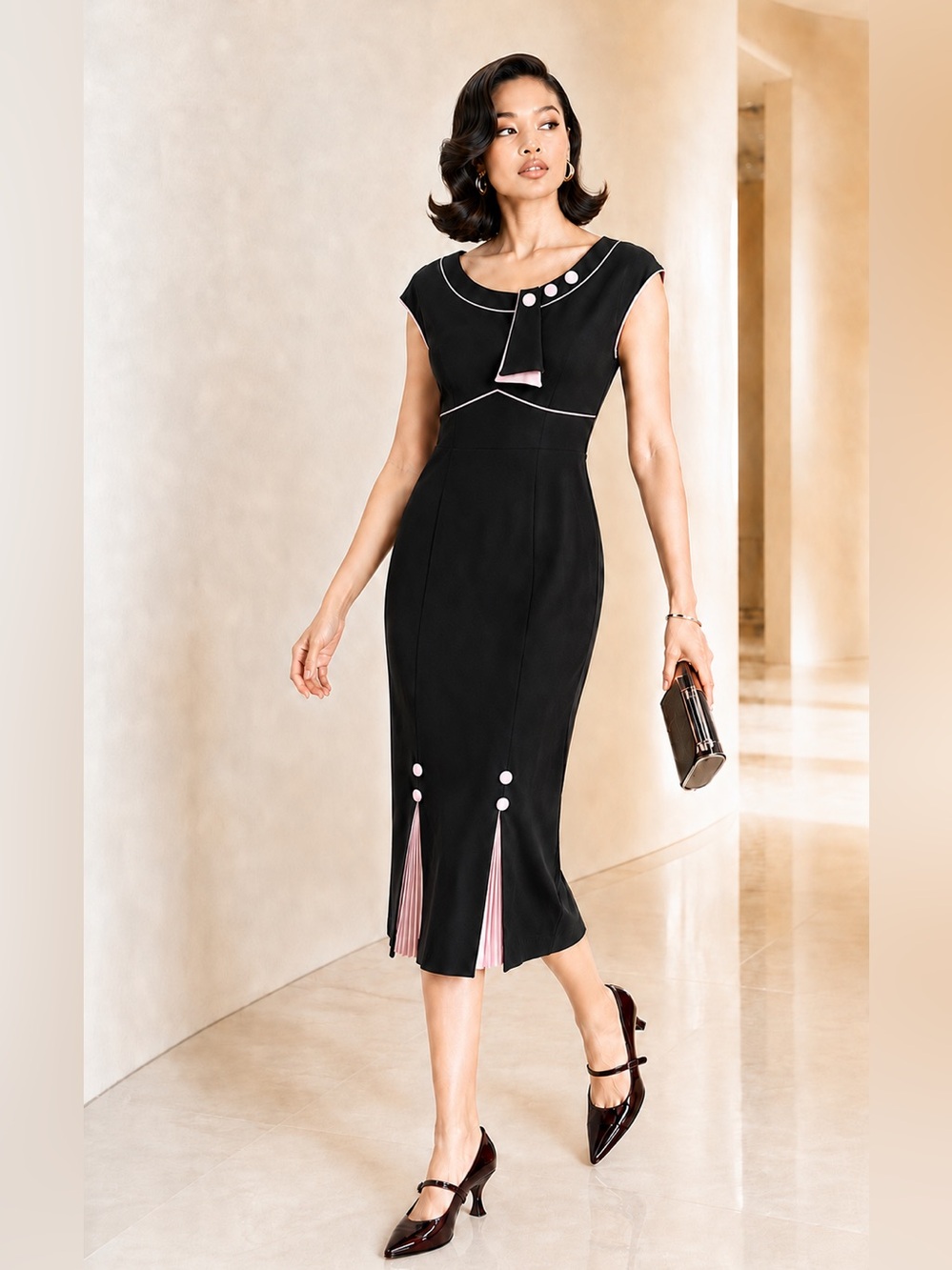 Stop Staring! Retro 50s Black Pink Wiggle Midi Dress Made USA Sz L